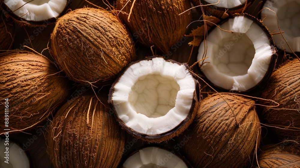 A collection of coconuts tightly packed together, highlighting their brown textured shells and inviting freshness. A collection of coconuts tightly packed together, highlighting their brown textured shells and inviting freshness.