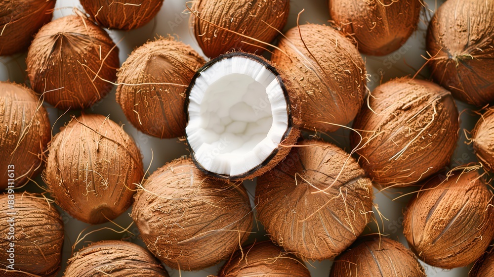 A collection of coconuts tightly packed together, highlighting their brown textured shells and inviting freshness. A collection of coconuts tightly packed together, highlighting their brown textured shells and inviting freshness.
