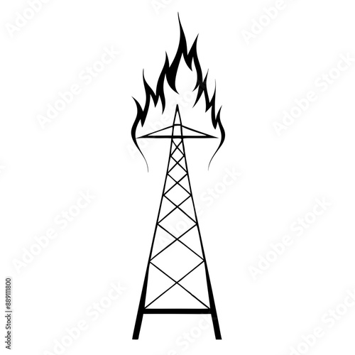 line drawing of power pylon on fire, engulfed in flames and smoke