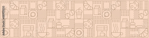 Hand drawn illustration of Bakery and Coffee. Icons. Abstract geometric line background. Gold luxury. Pattern for cover design, food package, menu, background, café wall, coffee shop, web banner