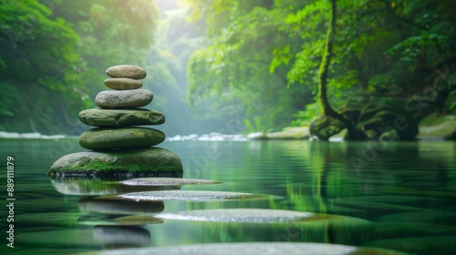 Stacked stones in serene forest stream photo