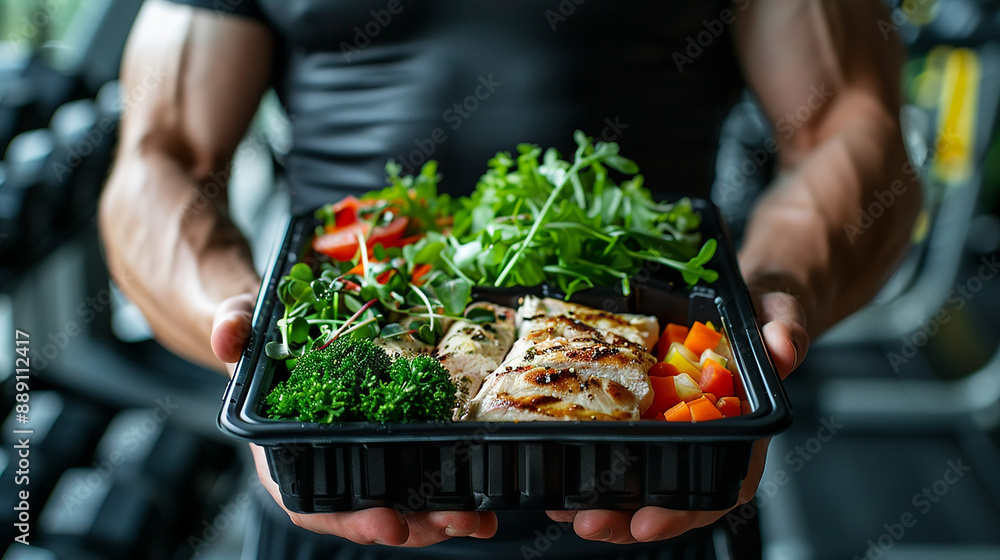 A bodybuilder, holding a black plastic container box brimming with a nutritious meal of white meat, leafy green salad, and colorful veggies, standing in a spacious, well-equipped gym. A bodybuilder, holding a black plastic container box brimming with a nutritious meal of white meat, leafy green salad, and colorful veggies, standing in a spacious, well-equipped gym.