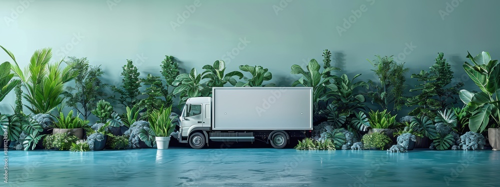 A white truck is parked in front of a lush green forest. The truck is surrounded by plants and trees, giving the impression of a natural setting A white truck is parked in front of a lush green forest. The truck is surrounded by plants and trees, giving the impression of a natural setting