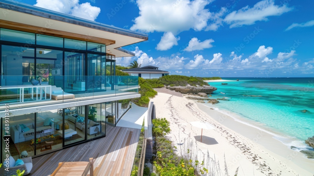A contemporary beach house with a glass facade, open-plan living spaces, and a deck overlooking a pristine sandy beach and turquoise water A contemporary beach house with a glass facade, open-plan living spaces, and a deck overlooking a pristine sandy beach and turquoise water