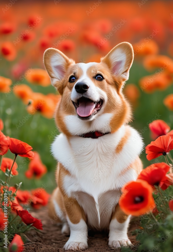 Pembroke Welsh Corgi standing in a field of poppies with a vibrant red hue Pembroke Welsh Corgi standing in a field of poppies with a vibrant red hue