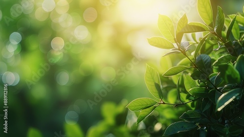 A leafy green bush with a bright sun shining on it. The leaves are lush and vibrant, and the sunlight creates a warm and inviting atmosphere © auttawit