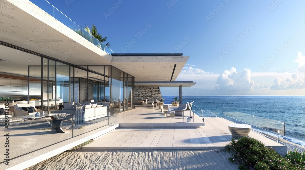 Fototapeta premium A contemporary beachfront villa with glass walls, an outdoor lounge area, and uninterrupted views of the ocean horizon
