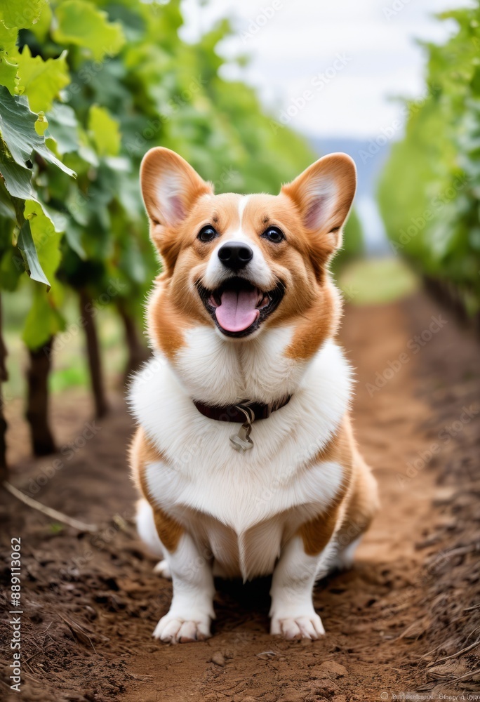 Pembroke Welsh Corgi exploring a vineyard with rows of grapevines and rolling hills Pembroke Welsh Corgi exploring a vineyard with rows of grapevines and rolling hills
