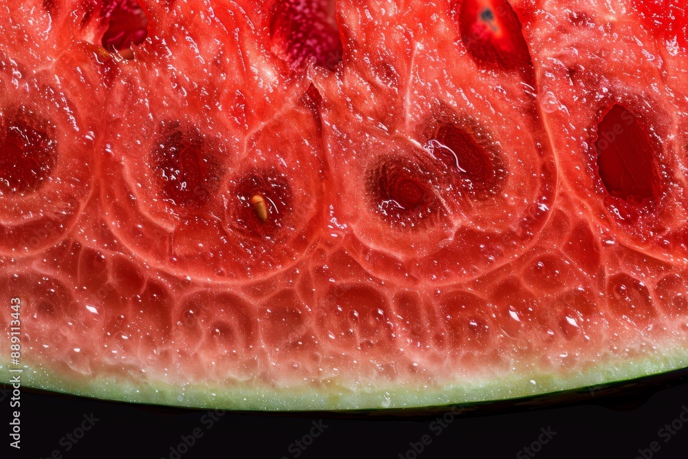 red and juicy pulp of ripe watermelon close-up, red fresh pulp of ripe watermelon with black seeds inside. Beautiful simple AI generated image in 4K, unique.
