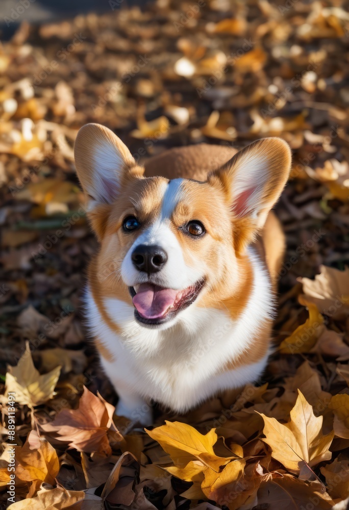 Pembroke Welsh Corgi playing in a pile of autumn leaves with a clear blue sky above Pembroke Welsh Corgi playing in a pile of autumn leaves with a clear blue sky above
