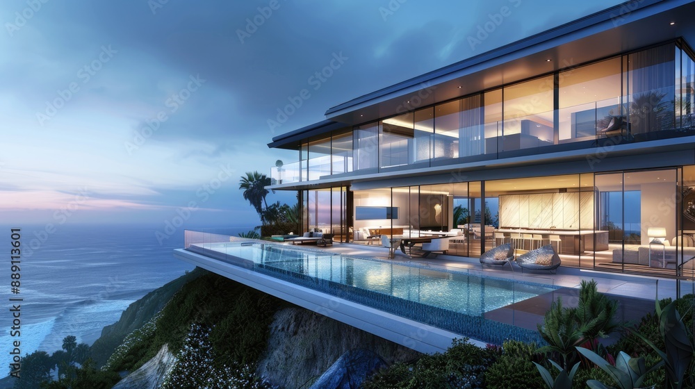 Obraz premium A contemporary cliffside mansion with expansive glass walls, a cantilevered pool, and sweeping views of the coastline below