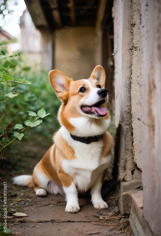 Pembroke Welsh Corgi exploring an old abandoned building with vines creeping up the walls Pembroke Welsh Corgi exploring an old abandoned building with vines creeping up the walls
