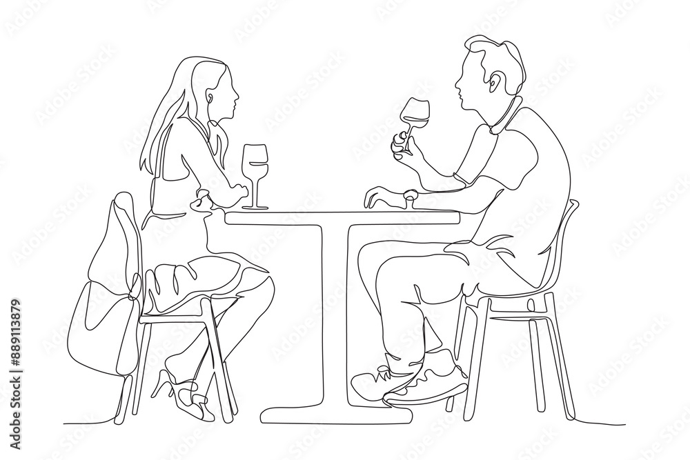 Couple sitting at street cafe table with glasses of drink. Side view. Single black line drawing isolated on white. Vector in line art style. Couple sitting at street cafe table with glasses of drink. Side view. Single black line drawing isolated on white. Vector in line art style.