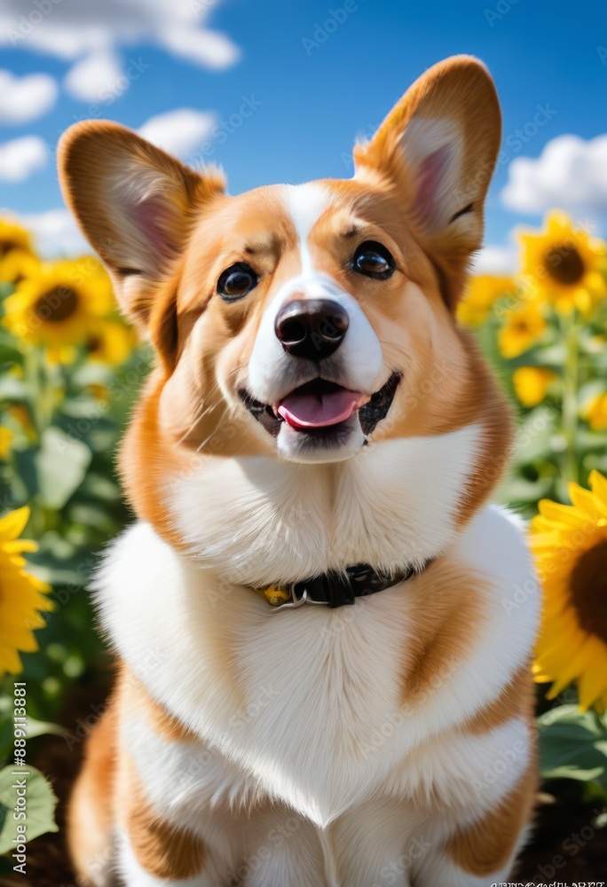Pembroke Welsh Corgi standing in a field of sunflowers with a bright blue sky and fluffy clouds Pembroke Welsh Corgi standing in a field of sunflowers with a bright blue sky and fluffy clouds