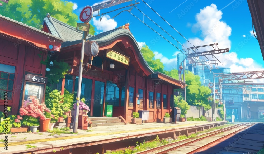 A Japanese train station in the countryside, scenic green nature view, beautiful sunny day, anime inspired artwork A Japanese train station in the countryside, scenic green nature view, beautiful sunny day, anime inspired artwork