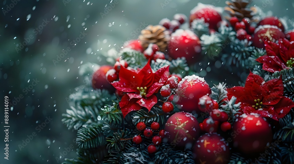 A wreath of red and green foliage with red berries and a red poinsettia A wreath of red and green foliage with red berries and a red poinsettia