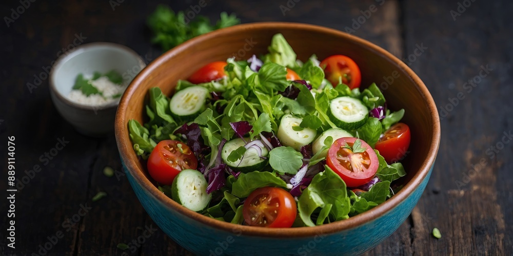 A colorful bowl of fresh salad with various vegetables and herbs, presented on a dark rustic table. A colorful bowl of fresh salad with various vegetables and herbs, presented on a dark rustic table.