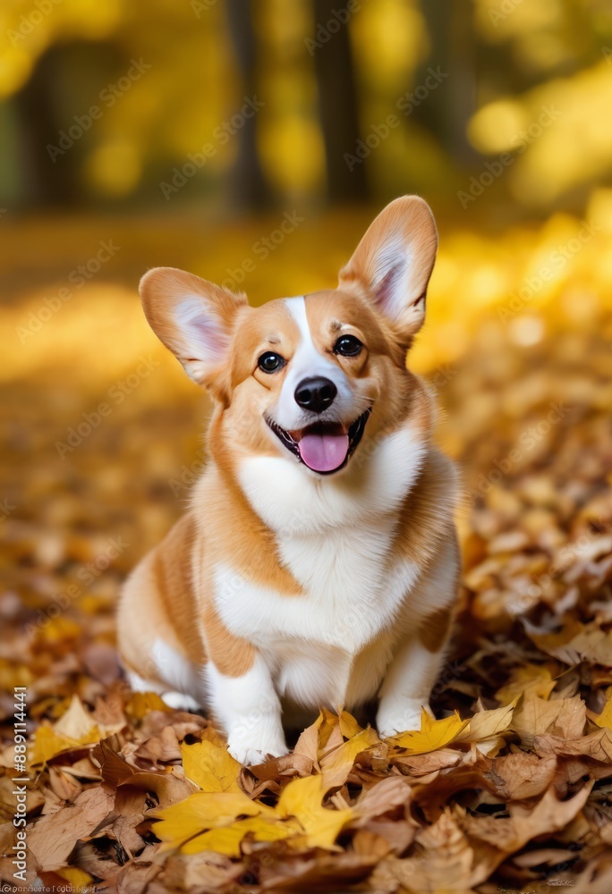 Pembroke Welsh Corgi playing in a pile of autumn leaves with a background of golden foliage Pembroke Welsh Corgi playing in a pile of autumn leaves with a background of golden foliage