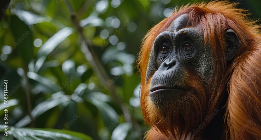 Fototapeta premium Orangutan,A male Sumatran Orangutan Sumatran Orangutans are critically endangered in the wild due to deforestation for palm oil plantations.