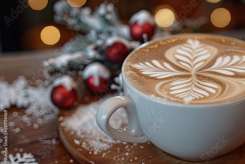 a cup of cappuccino sitting on top of a wooden table