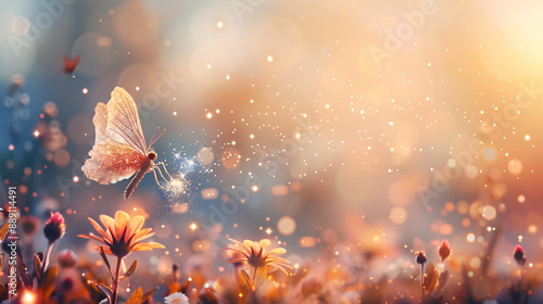 A butterfly is flying over a field of flowers. The scene is bright and colorful, with the butterfly's wings glowing in the sunlight. The flowers are scattered throughout the field
