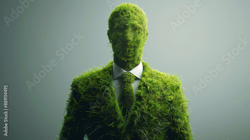 Businessman in an elegant grass and moss suit that reflects green jobs and sustainability in business.
