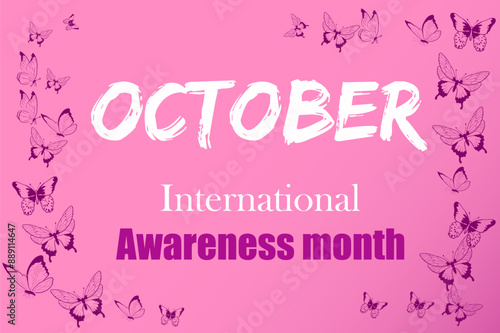 international Awareness Month. October. Breast Cancer Day. Vector Illustration with butterflies on pink background. Banner for print. photo