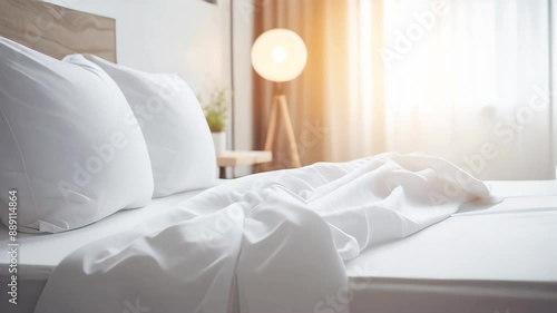 White bedding sheets and pillow background, Messy bed concept