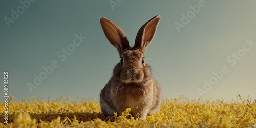 brown easter bunny ears on a yellow and minimalist background. AI generated. photo