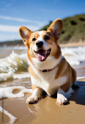 Pembroke Welsh Corgi lounging on a sunny beach with waves gently crashing in the background