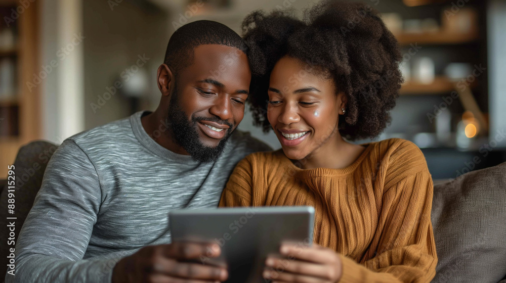 Cheerful african american spouses surfing internet via tablet computer, hugging while enjoying good movie online, relaxing in modern living room interior, sitting together on couch indoor Cheerful african american spouses surfing internet via tablet computer, hugging while enjoying good movie online, relaxing in modern living room interior, sitting together on couch indoor