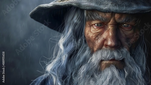 A close-up portrait of a wizard with a long white beard and a stern expression.