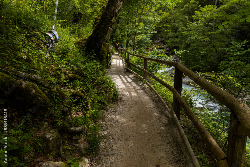 Vintgar Gorges Park a few km from Lake Bled, Slovenia. Wooden walkways accompany the path above the river rapids and waterfalls. River hits rocks and creates fog.Adventure family holidays. Freshness. Vintgar Gorges Park a few km from Lake Bled, Slovenia. Wooden walkways accompany the path above the river rapids and waterfalls. River hits rocks and creates fog.Adventure family holidays. Freshness.