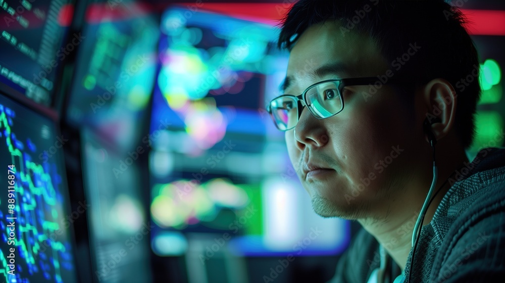 Focused Asian Network Security Programmer Working with Multiple Monitors in a Dark Room Focused Asian Network Security Programmer Working with Multiple Monitors in a Dark Room
