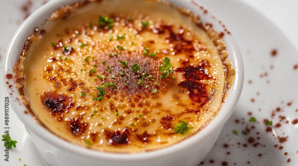 Fragrant Crème Brûlée with Caramelized Sugar and Green Garnish on a White Background Fragrant Crème Brûlée with Caramelized Sugar and Green Garnish on a White Background