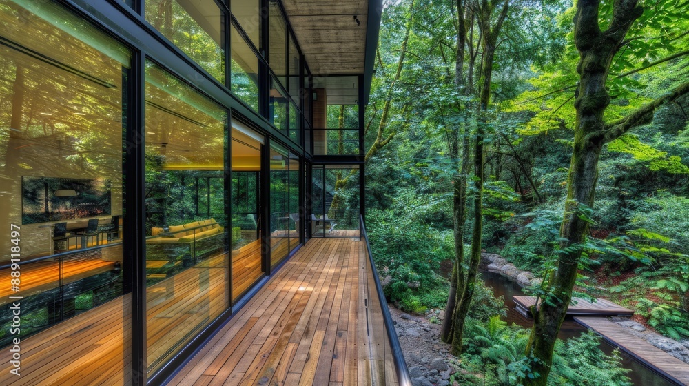 A contemporary forest home with large glass walls, a wooden deck, and a serene view of the dense trees and a nearby stream A contemporary forest home with large glass walls, a wooden deck, and a serene view of the dense trees and a nearby stream