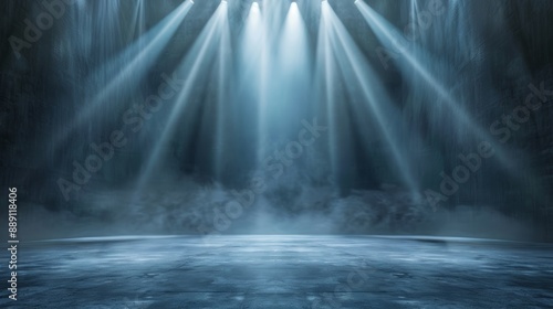 Dramatic blue stage with spotlights and mist. Perfect for theater, presentations, or artistic performances.
