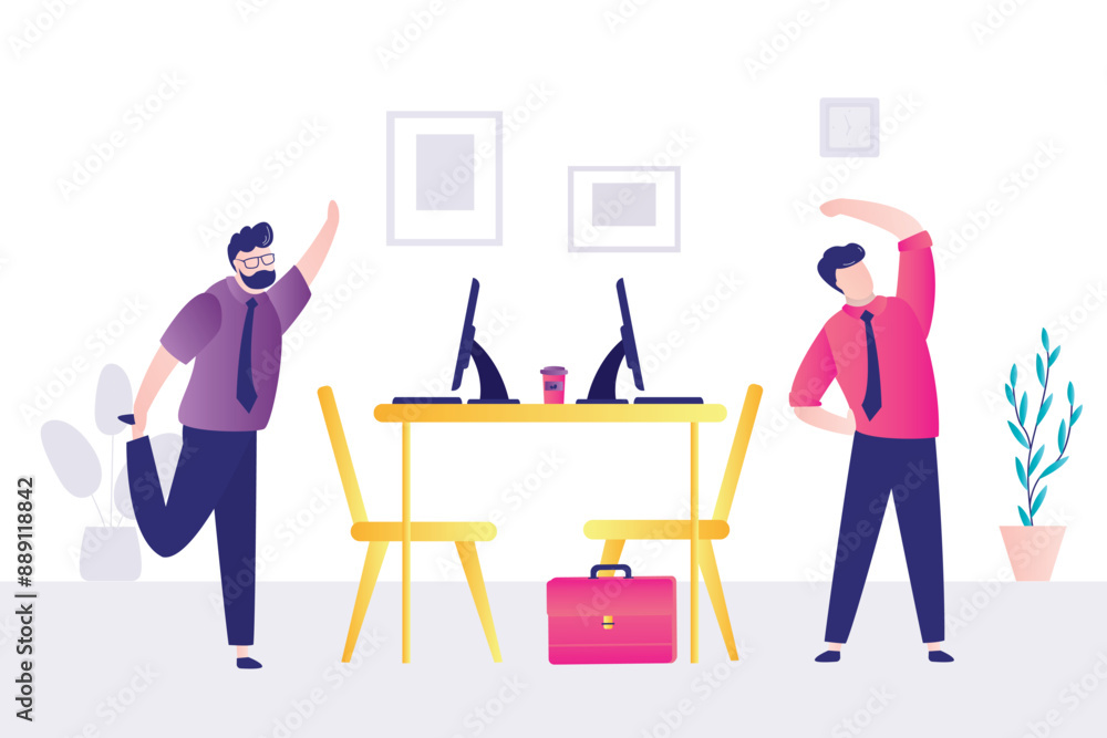 Fototapeta premium Colleagues at break time. Office employees exercise at work, stretch near the desk. Business men practicing workout at workplace doing squats, leans and lunges enjoying break
