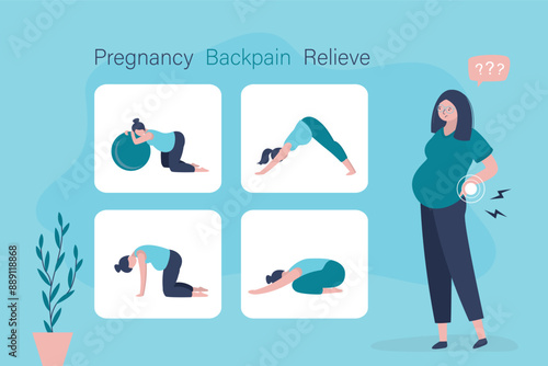 Pregnancy back pain relieve. Pregnancy stretches for back pain relieving. Set of yoga or fitness poses for pregnant woman. Girl on yoga mat doing hatha yoga.