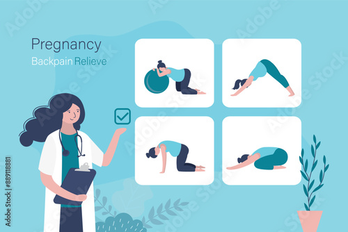 Medical advice pregnancy back pain relieve. Pregnancy stretches for back pain relieving. Infographic with pregnant woman on yoga mat doing hatha yoga poses.