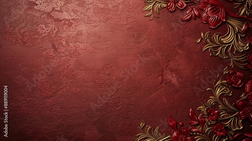 Elegant red decorative background with ornate floral elements, ideal for festive, holiday, or romantic designs and invitations. photo