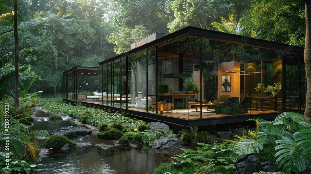 Obraz premium A contemporary glass house with minimalist furnishings, surrounded by a lush forest and a small, clear stream running nearby