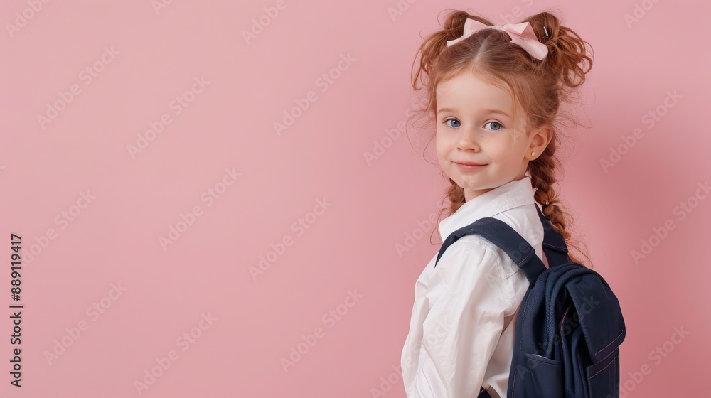 A little girl dressed in school uniform, blank pastel background A little girl dressed in school uniform, blank pastel background