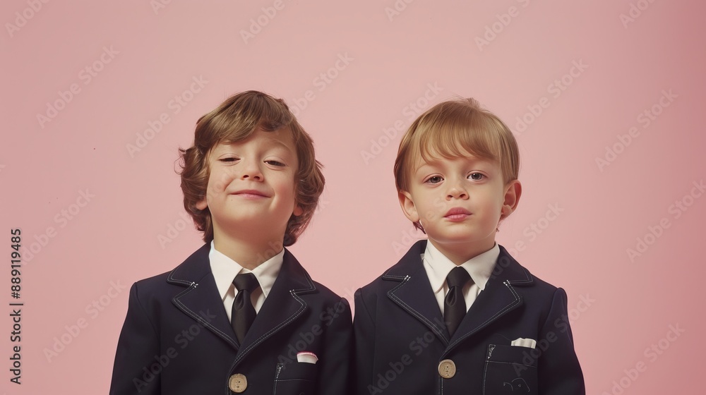 Two little boys dressed in school uniform, blank pink background Two little boys dressed in school uniform, blank pink background