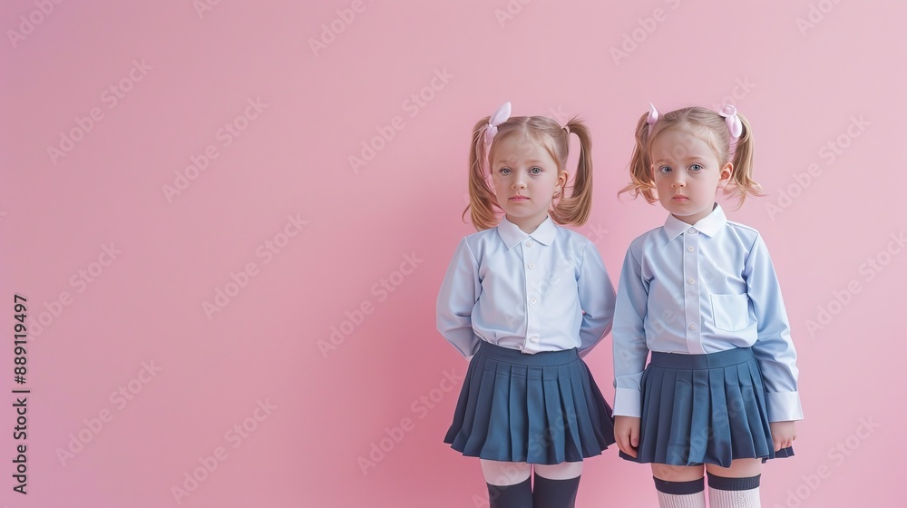 Two little girls dressed in school uniform, blank pink background Two little girls dressed in school uniform, blank pink background