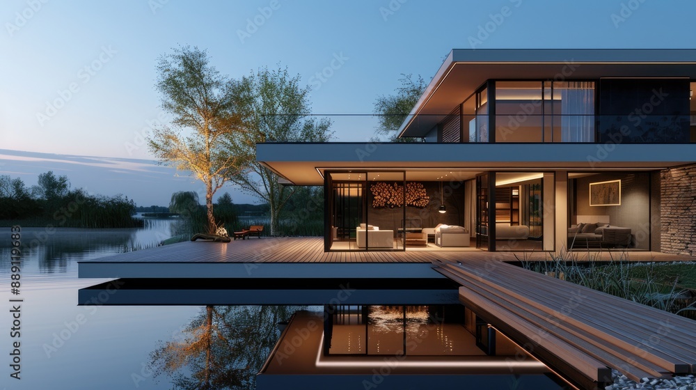 Fototapeta premium A contemporary lake house with a cantilevered design, large windows, and a wooden deck overlooking a serene lake