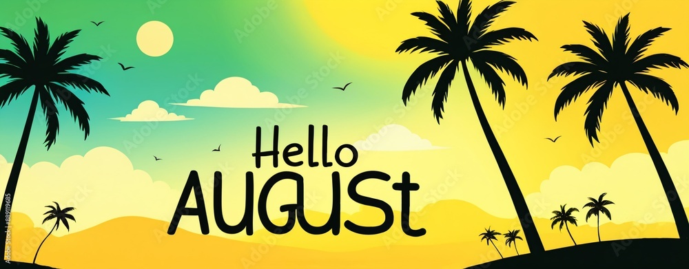 Obraz premium Lettering Hello August with silhouette of palm trees on yellow green gradient background. Tropical landscape. Summertime concept. Creative calligraphy design. For banner,poster, print, card.
