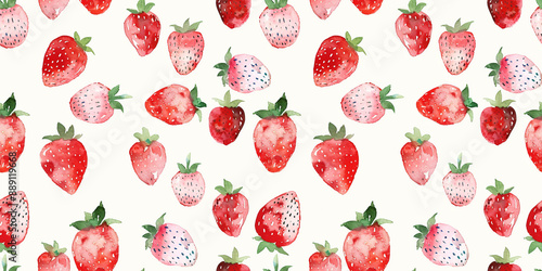 Seamless pattern with watercolor strawberries on white background