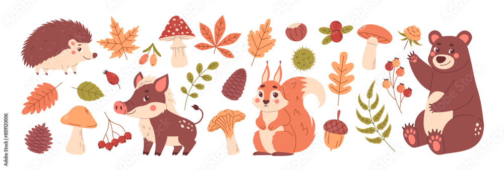 Autumn plant and animals. Fall season element set. Tree leaves, berries, mushrooms. Autumn plant and animals. Fall season element set. Tree leaves, berries, mushrooms.