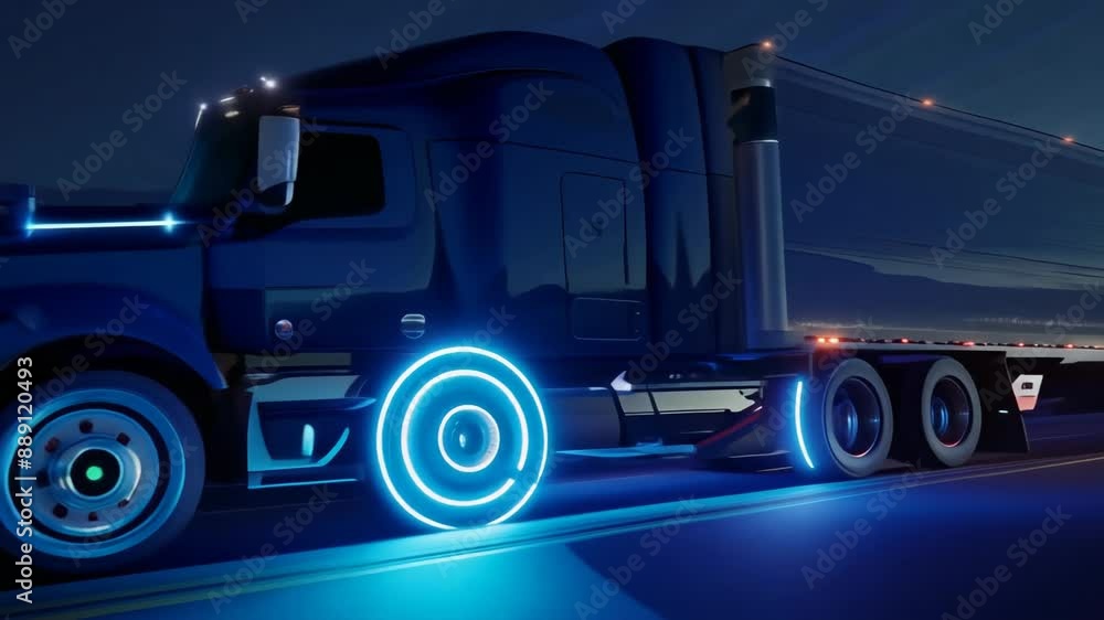 Futuristic truck with glowing lights driving on a highway at night Futuristic truck with glowing lights driving on a highway at night